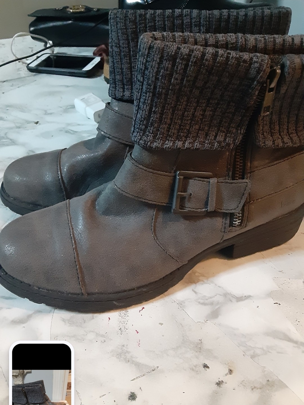 Gray Fold-Over Knit Cuff Ankle Bootie with Buckle - Picture 2 of 4